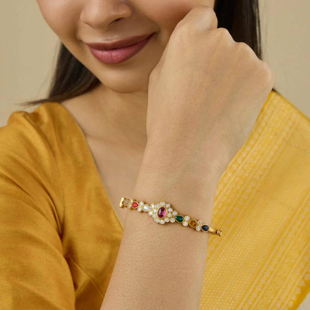 92.5 Pure Silver Temple Kada With Navratna Stone