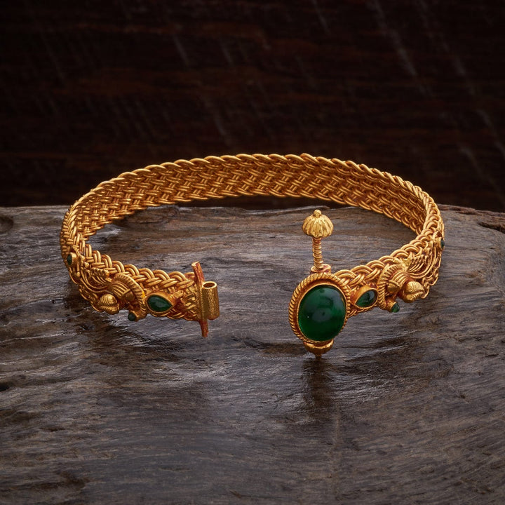 92.5 Pure Silver Peacock Motifs Temple Kada With Green Stone-Single Piece