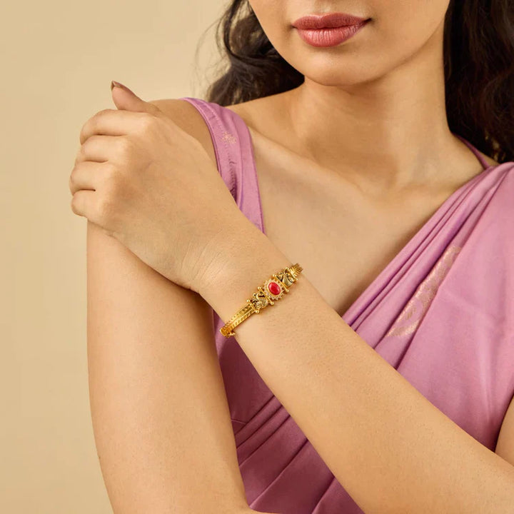 92.5 Pure Silver Gold-Plated Peacock Motifs Temple Kada With Cz Stone