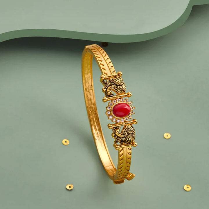 92.5 Pure Silver Gold-Plated Peacock Motifs Temple Kada With Cz Stone