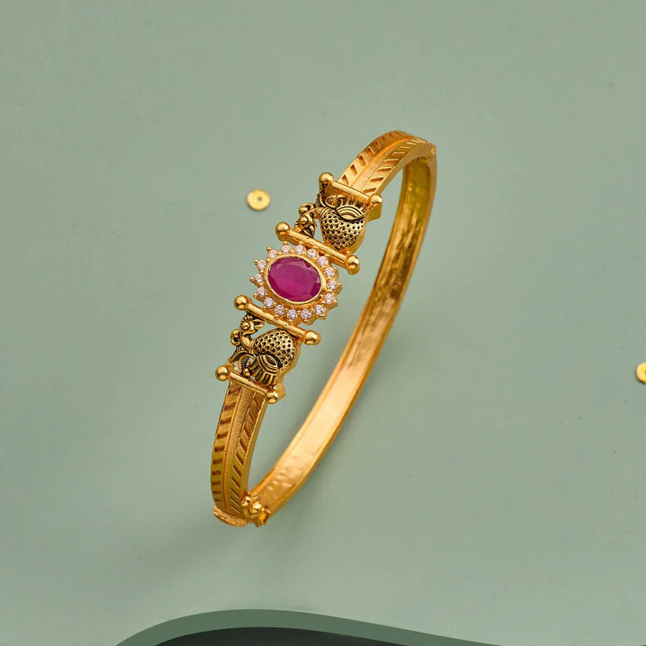 92.5 Pure Silver Gold-Plated Peacock Motifs Temple Kada With Cz Stone