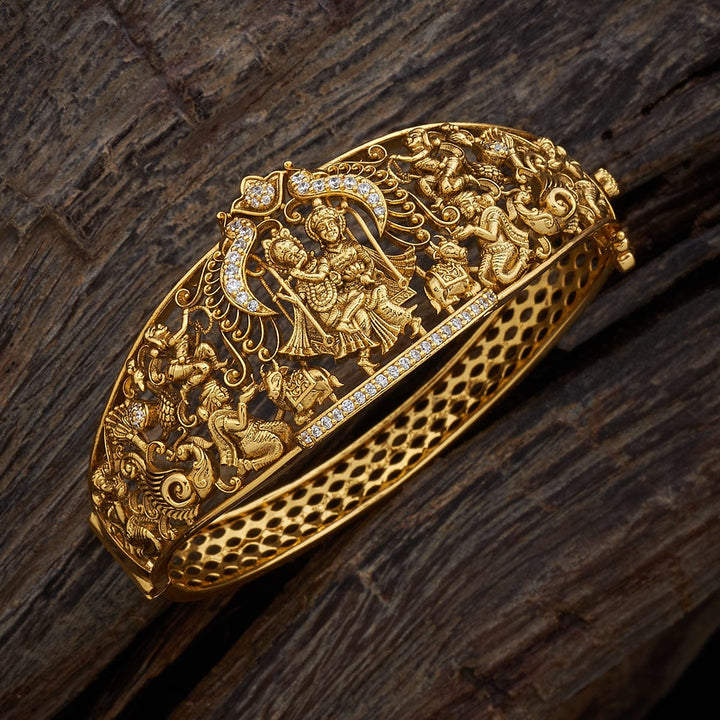 92.5 Pure Silver Gold-Plated Krishna and Radha Temple Kada With Cz Stones