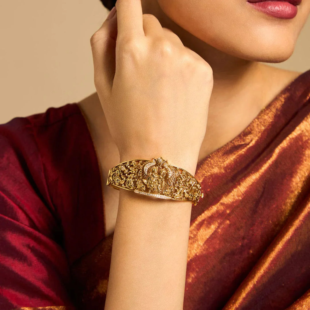 92.5 Pure Silver Gold-Plated Krishna and Radha Temple Kada With Cz Stones
