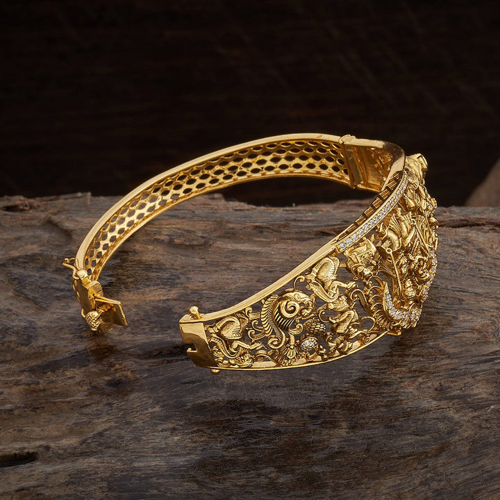 92.5 Pure Silver Gold-Plated Krishna and Radha Temple Kada With Cz Stones