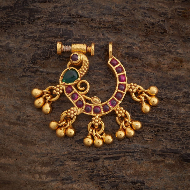 Pure 92.5 Silver, Gold-Plated Traditional Nakshi Peacock Screw on Nose Ring with Red and Green Stones