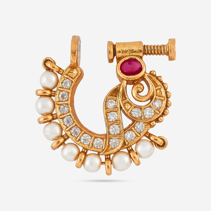 Pure 92.5 Silver Gold Plated Ruby stone and Pearls in Nath