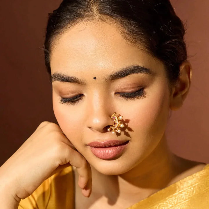 Pure 92.5 Silver Gold Plated Gemstone and Pearls in Nath