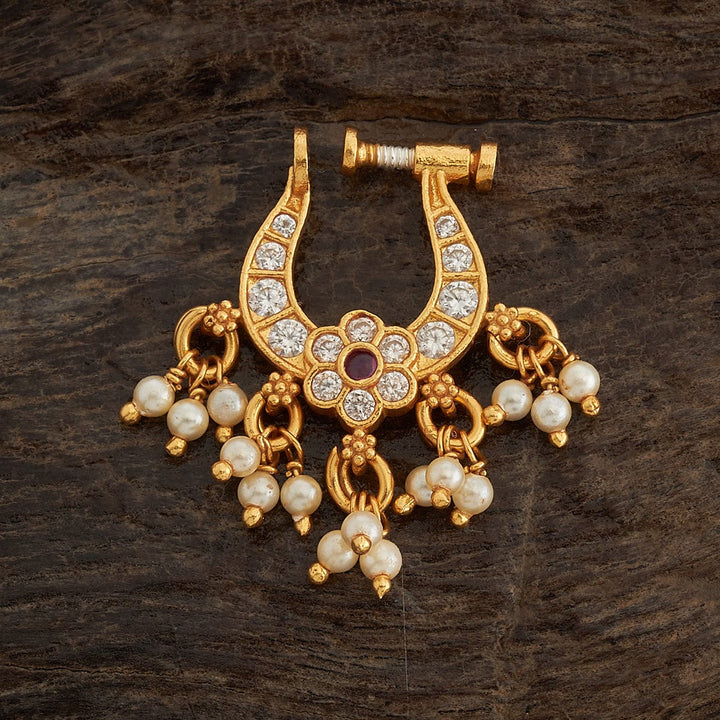 Pure 92.5 Silver, Gold-Plated CZ Flower Motif Nath with Ruby and Pearls Accents