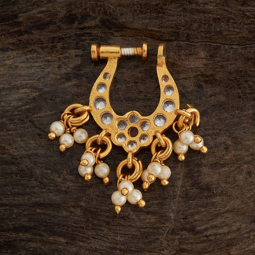 Pure 92.5 Silver, Gold-Plated CZ Flower Motif Nath with Ruby and Pearls Accents