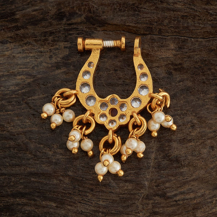 Pure 92.5 Silver, Gold-Plated CZ Flower Motif Nath with Ruby and Pearls Accents