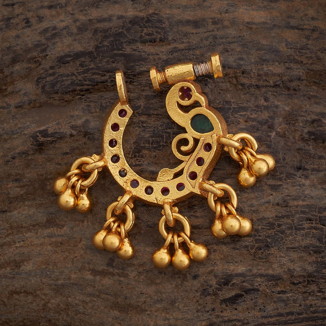 Pure 92.5 Silver, Gold-Plated Traditional Nakshi Peacock Screw on Nose Ring with Red and Green Stones