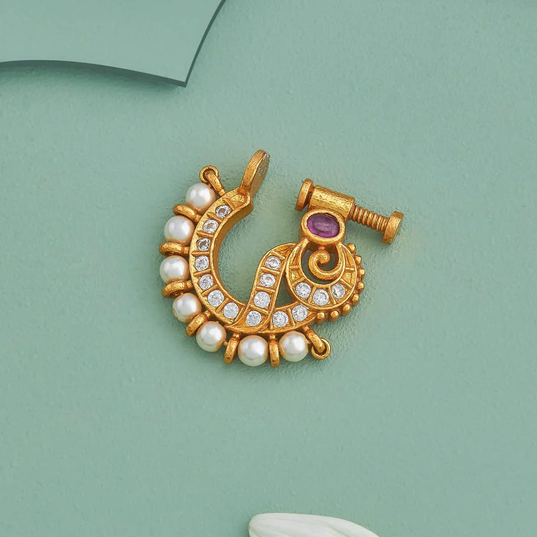 Pure 92.5 Silver Gold Plated Ruby stone and Pearls in Nath