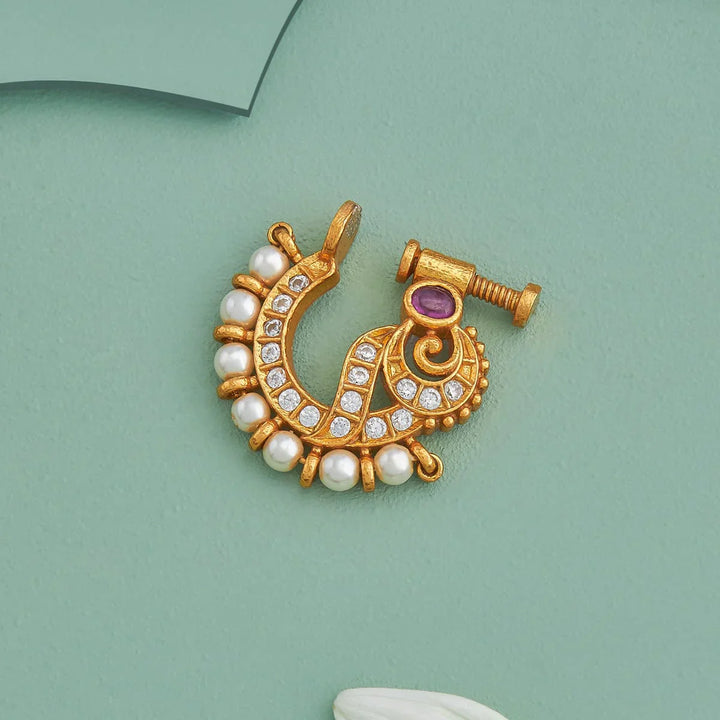 Pure 92.5 Silver Gold Plated Ruby stone and Pearls in Nath
