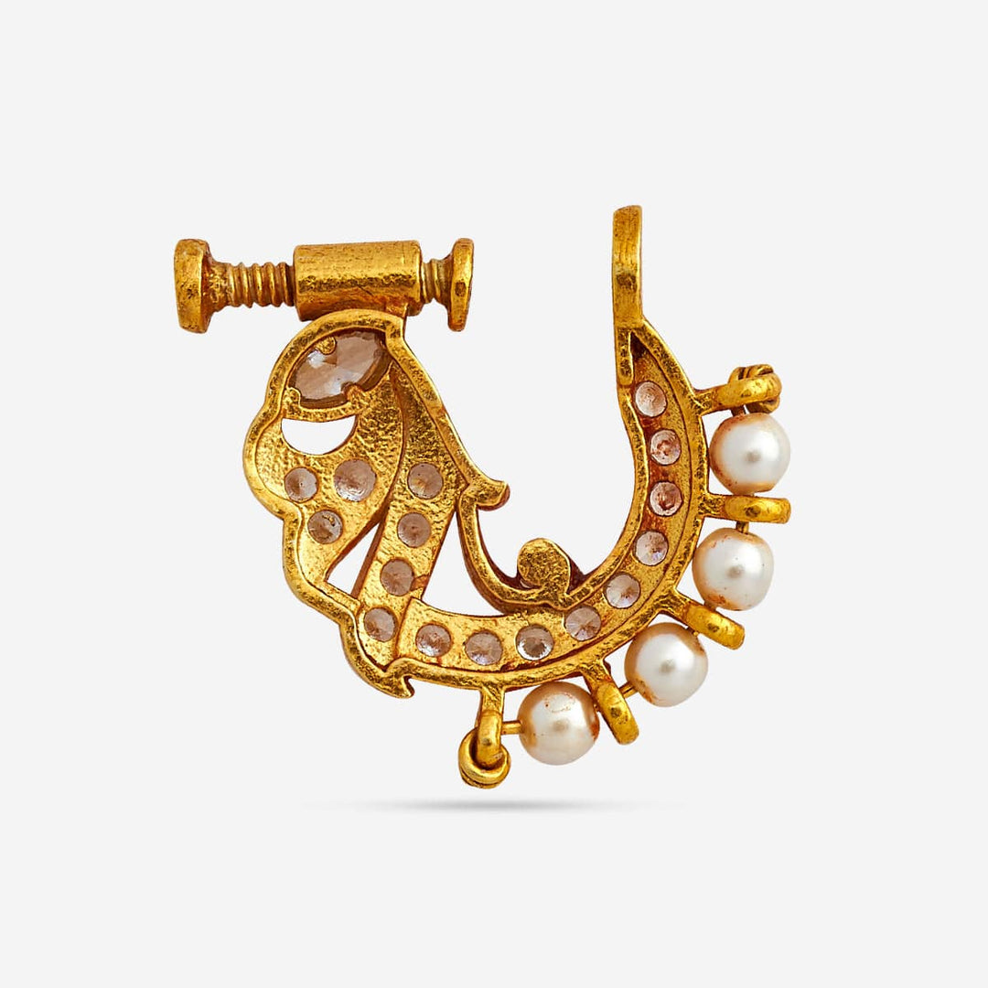 Pure 92.5 Silver Gold Plated Nath with White Stone and Pearls