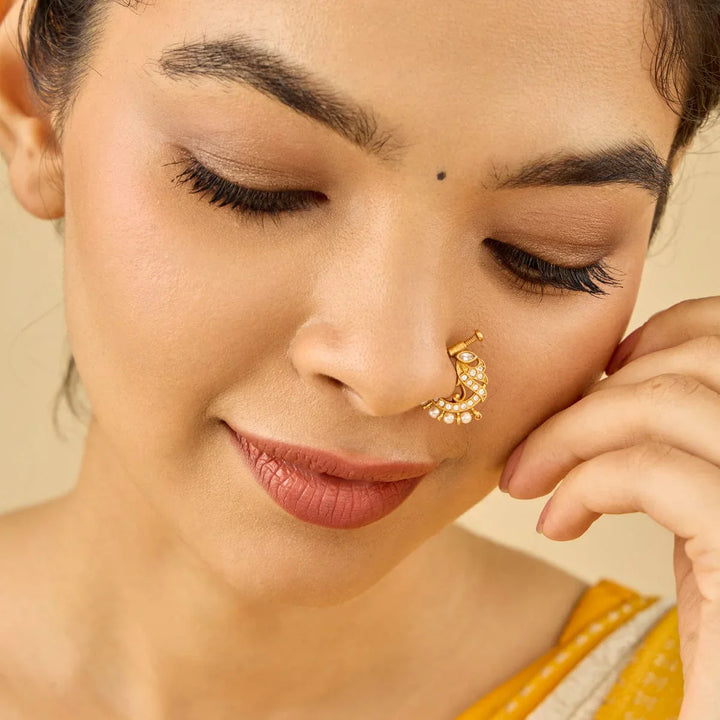Pure 92.5 Silver Gold Plated Nath with White Stone and Pearls