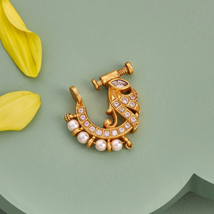Pure 92.5 Silver Gold Plated Nath with White Stone and Pearls