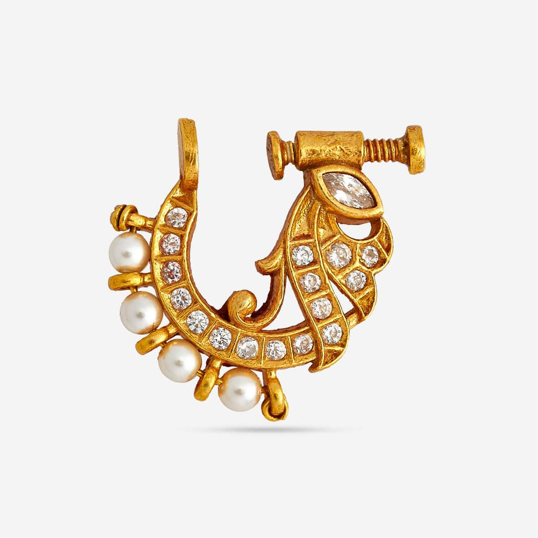 Pure 92.5 Silver Gold Plated Nath with White Stone and Pearls
