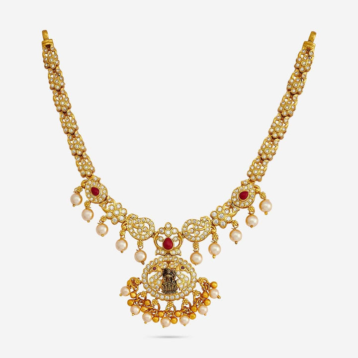 Pure 92.5 Silver, Gold Plated CZ Stone Necklace with Peacock Pendant and dangling Beads | SHOBITAM