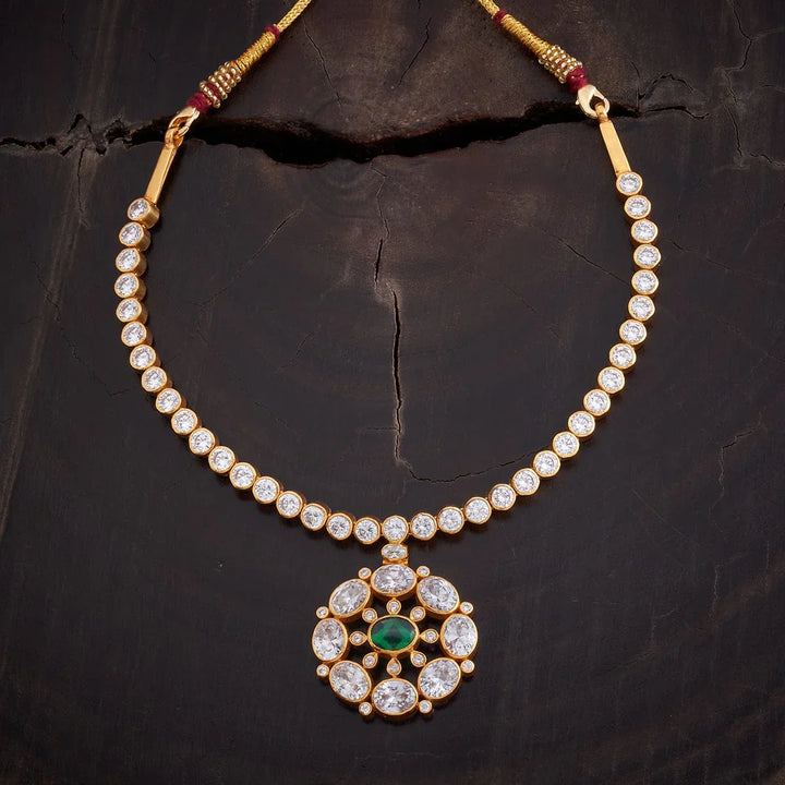 Pure 92.5 Silver, Gold Plated Floral Motif Temple Necklace with CZ Stone