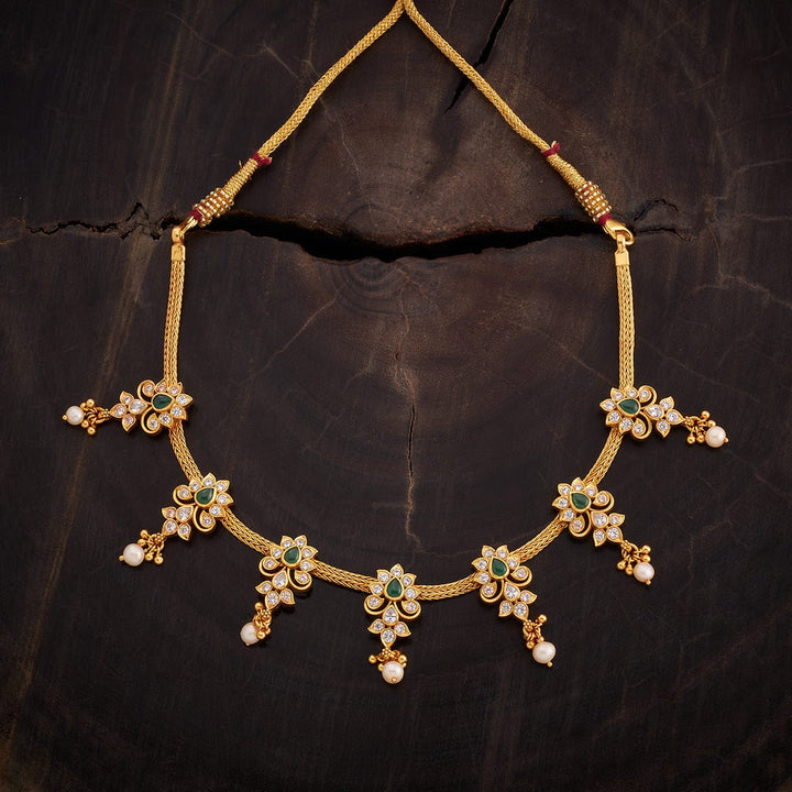 92.5 Pure Silver Gold-Plated Short Necklace In Green Kundan Stone With Dangling Beads And Adjustable Rope