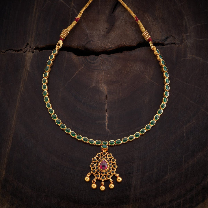 Pure 92.5 Silver Gold-Plated Delicate Emerald Necklace with Teardrop Pendant and Dangling Gold Beads
