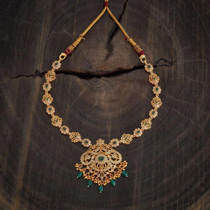 Pure 92.5 Silver Gold-Plated Floral Design Necklace with Gemstone and Dangling Beads