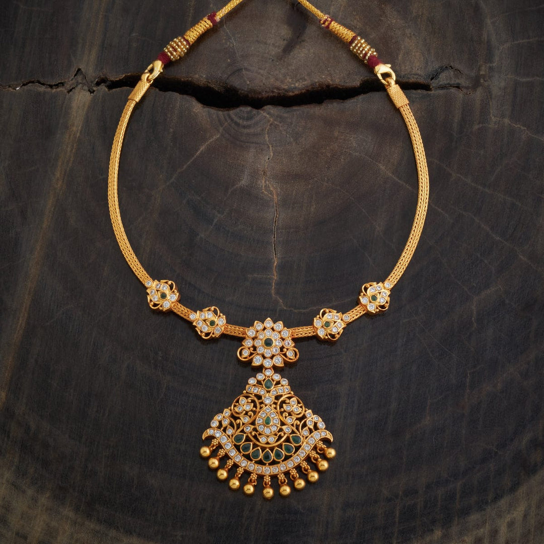 Pure 92.5 Silver Gold-Plated Cz Stone Necklace with Floral  Pendant and Dangling Beads