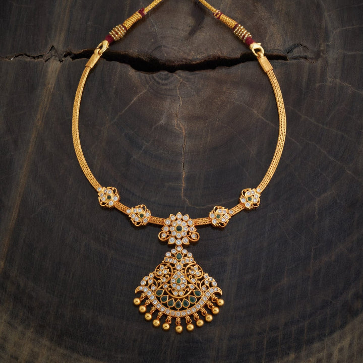 Pure 92.5 Silver Gold-Plated Cz Stone Necklace with Floral  Pendant and Dangling Beads