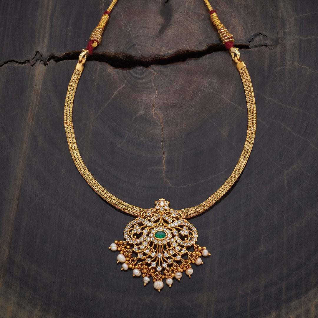 Pure 92.5 silver Gold Plated Necklace with CZ Stone Floral Pendant and Dangling Beads
