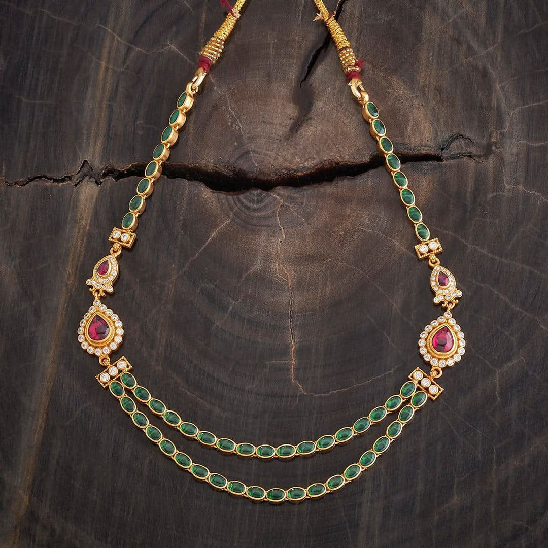 Pure 92.5 Silver Gold-Plated Green Stone Two-Layer Necklace