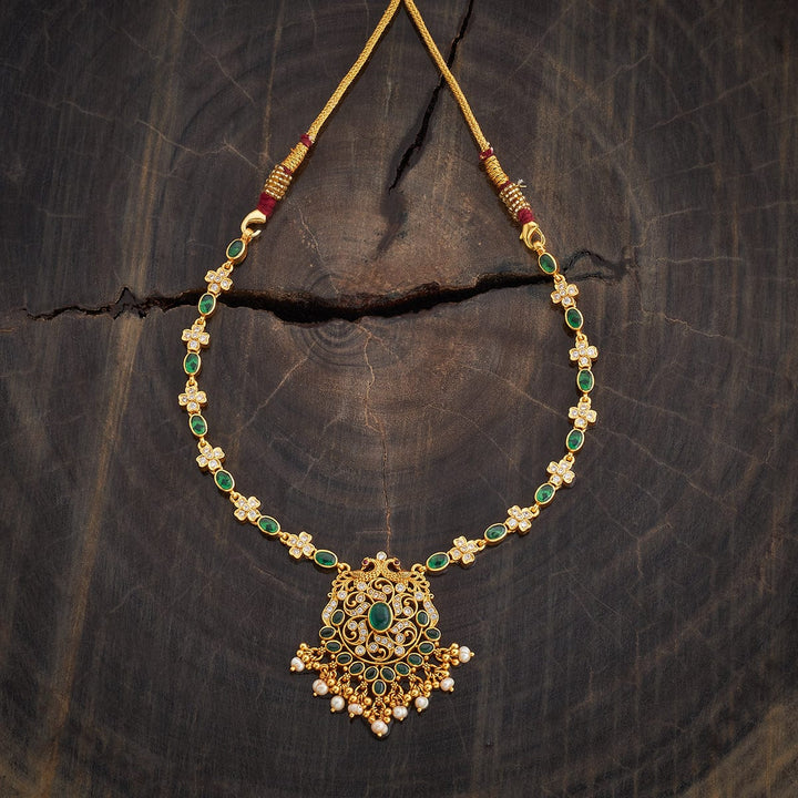 Pure 92.5 Silver Gold-Plated Floral Necklace with Stone-Studded Pendant and Emerald Detailing