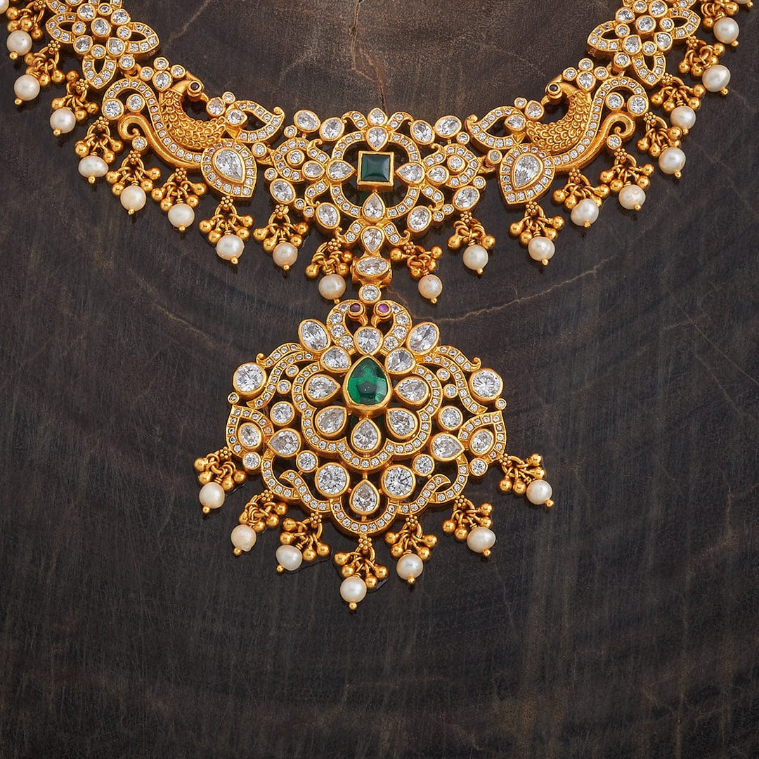 Pure 92.5 Silver, Gold Plated Peacock-Floral Design Necklace with CZ Stone and Dangling Pearls