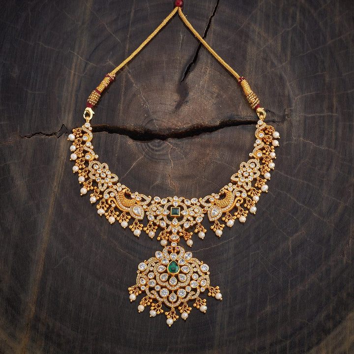 Pure 92.5 Silver, Gold Plated Peacock-Floral Design Necklace with CZ Stone and Dangling Pearls