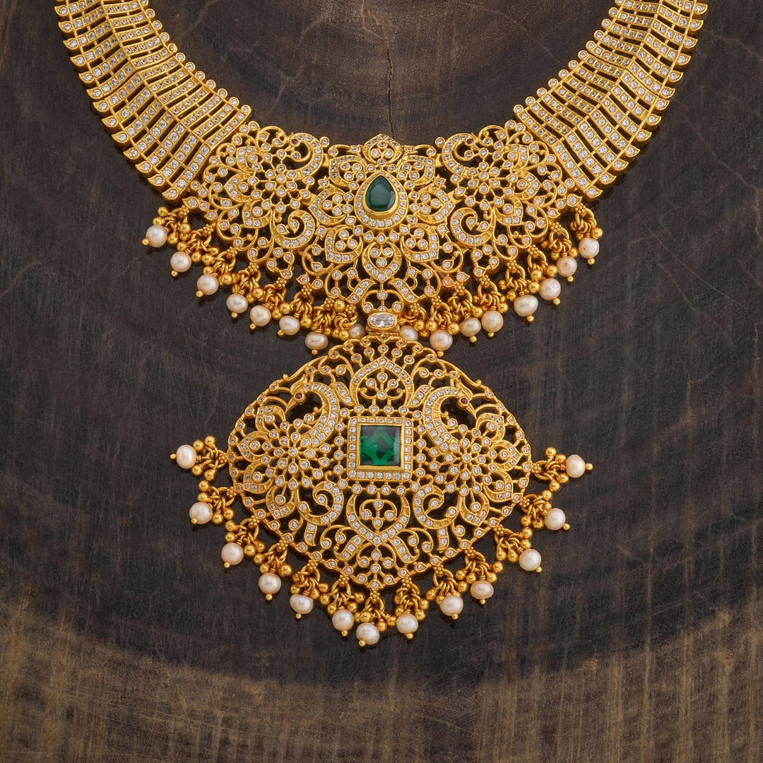 Pure 92.5 Silver Gold Plated CZ Necklace with Peacock pendant and dangling pearls