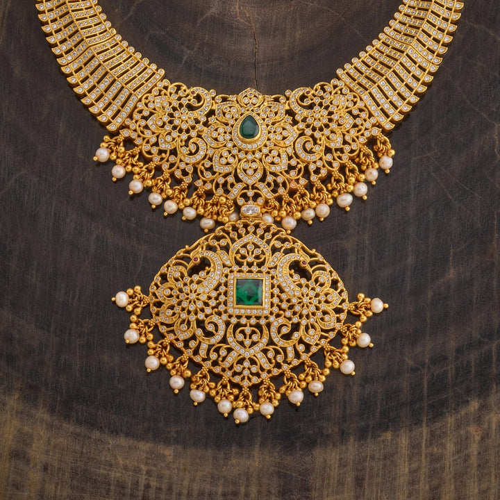Pure 92.5 Silver Gold Plated CZ Necklace with Peacock pendant and dangling pearls
