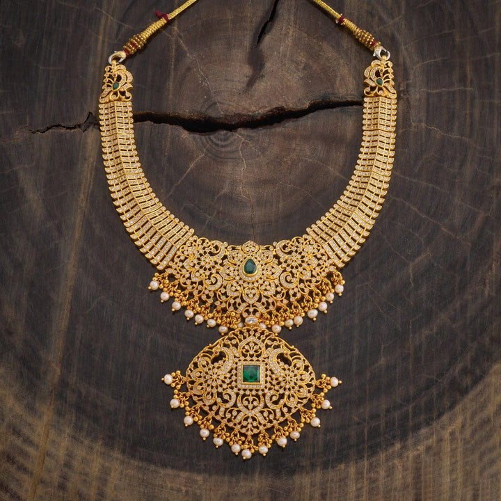Pure 92.5 Silver Gold Plated CZ Necklace with Peacock pendant and dangling pearls