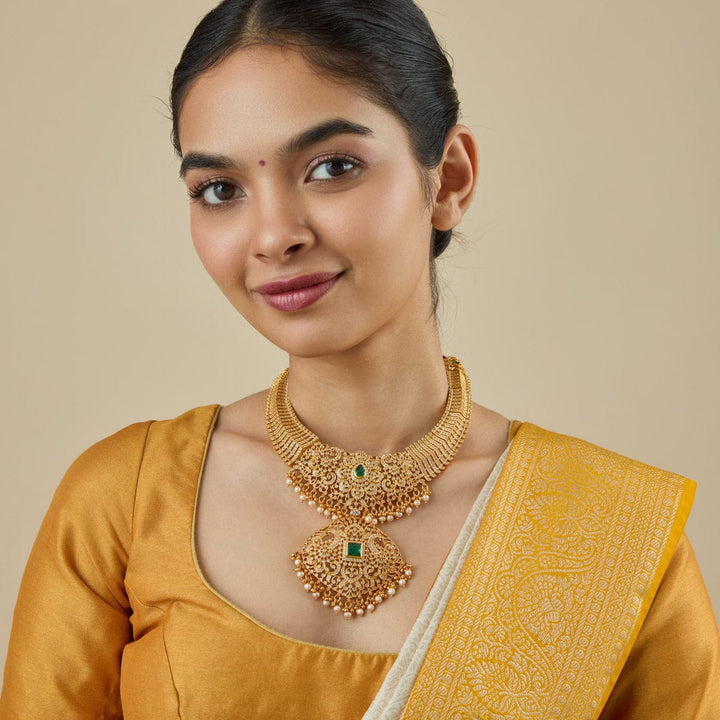 Pure 92.5 Silver Gold Plated CZ Necklace with Peacock pendant and dangling pearls
