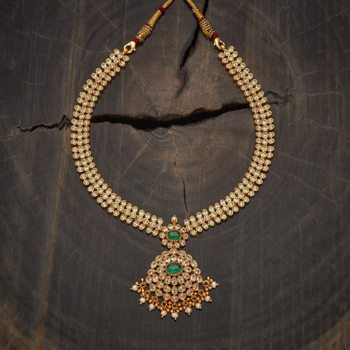 Pure 92.5 Silver Kundan Necklace with Emeralds Pendant and Dangling Beads
