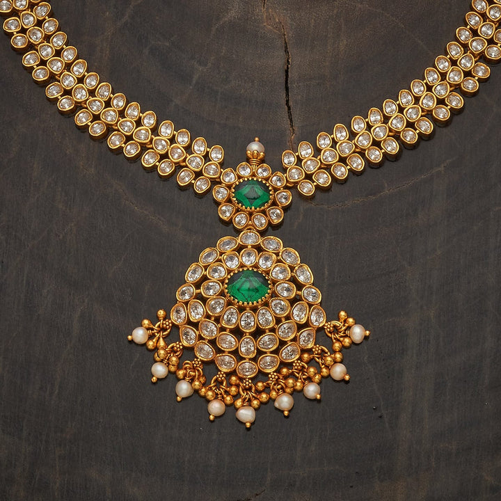 Pure 92.5 Silver Kundan Necklace with Emeralds Pendant and Dangling Beads
