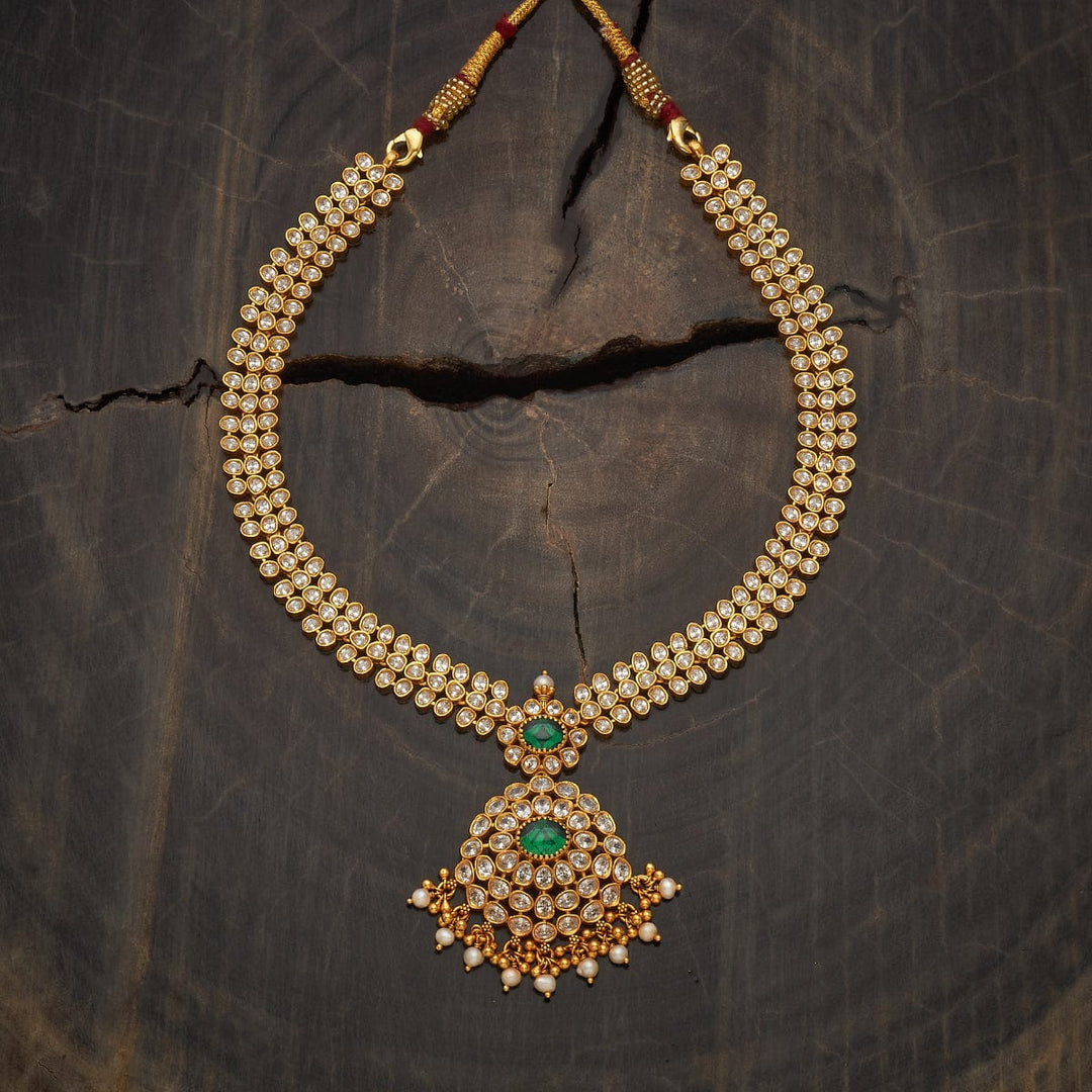 Pure 92.5 Silver Kundan Necklace with Emeralds Pendant and Dangling Beads