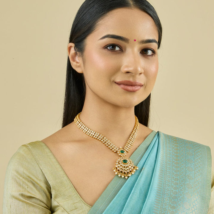 Pure 92.5 Silver Kundan Necklace with Emeralds Pendant and Dangling Beads