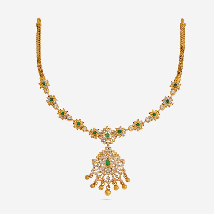 Pure 92.5 Silver, Gold Plated Floral Motif Temple Necklace with Pear-Cut Emerald Pendant with Gold Dangling Beads