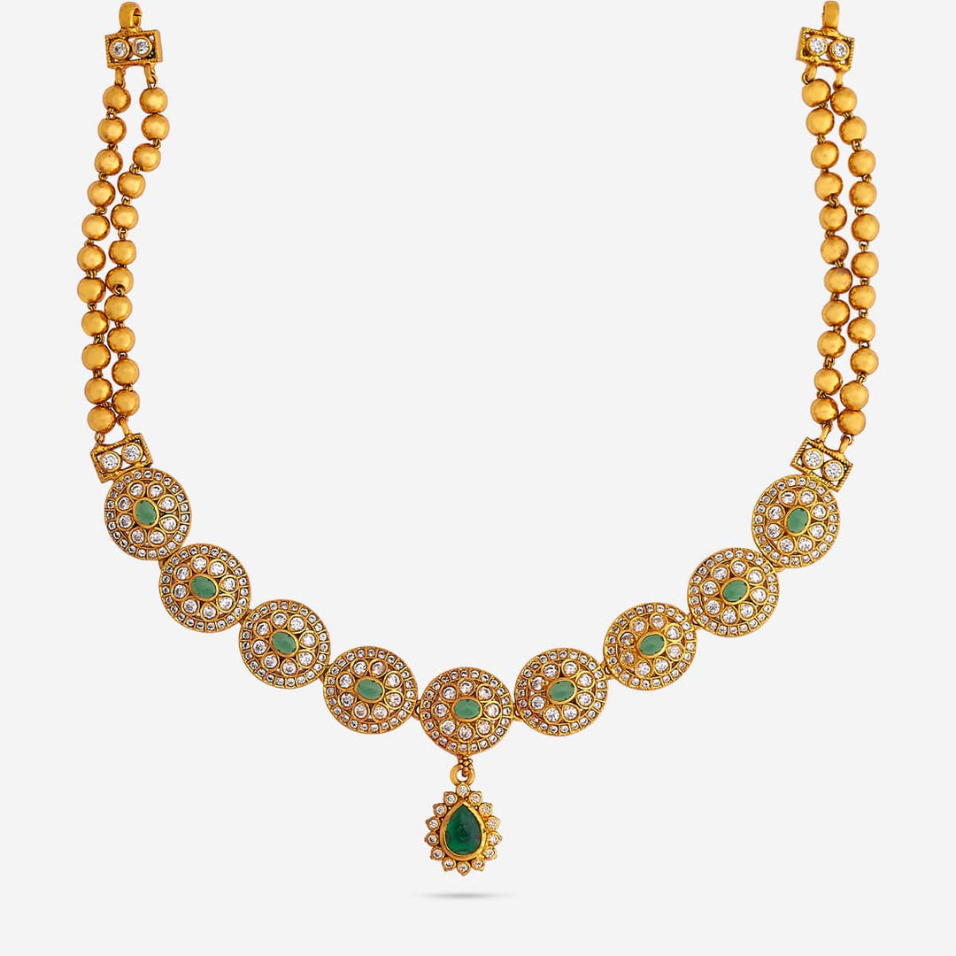 Pure 92.5 Silver, Gold Plated CZ-Green Stone Necklace with Round Floral Motifs and Emerald Drop