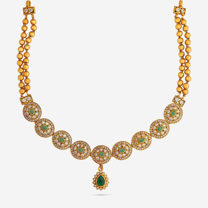 Pure 92.5 Silver, Gold Plated CZ-Green Stone Necklace with Round Floral Motifs and Emerald Drop