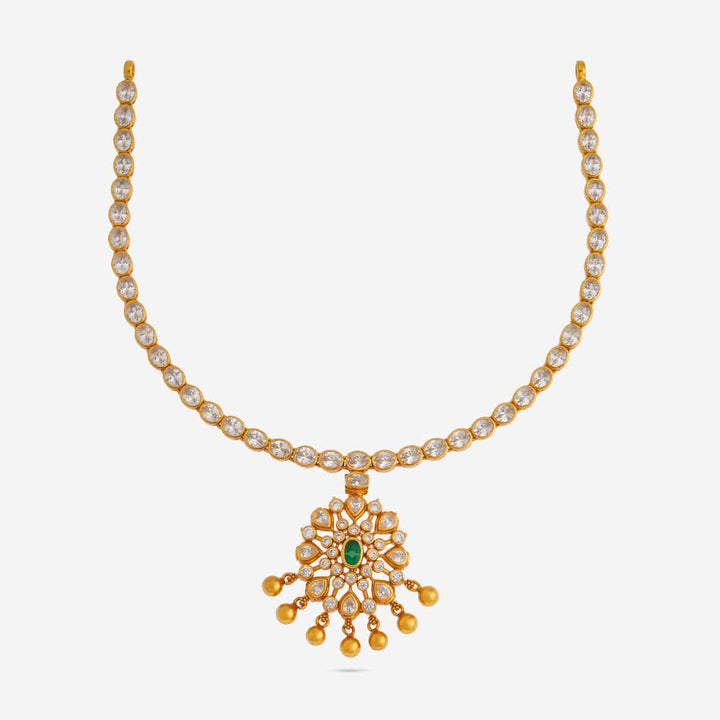 Pure 92.5 Silver, Gold Plated Floral Design Temple Necklace with Oval Green Stone Pendant