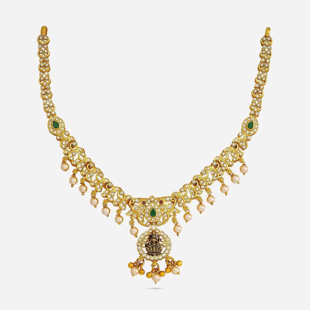 Pure 92.5 Silver, Gold Plated CZ Stone Lakshmi Floral Design with Dangling Pearl Necklace