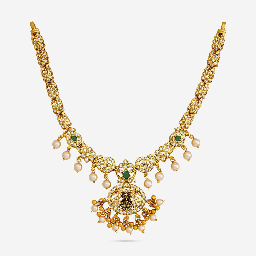 Pure 92.5 Silver, Gold Plated Lakshmi & Peacock Floral with Dangling Pearl Necklace
