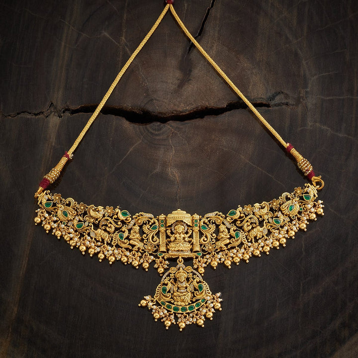 Pure 92.5 Silver, Gold Oxidized Lakshmi and Peacock Design Temple Choker with Gemstone Accents