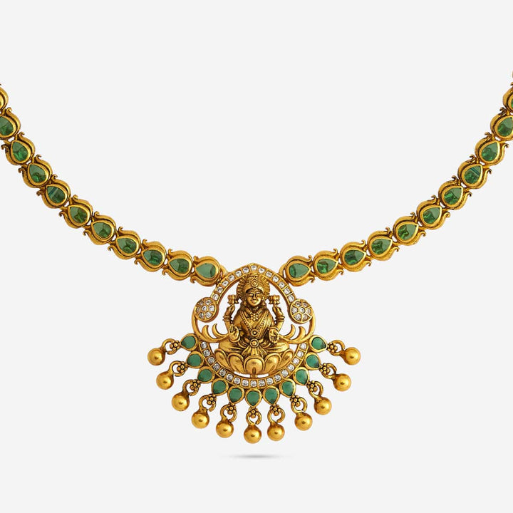 Pure 92.5 Silver, Gold Plated Emerald Green Stones Necklace with Lakshmi Pendant