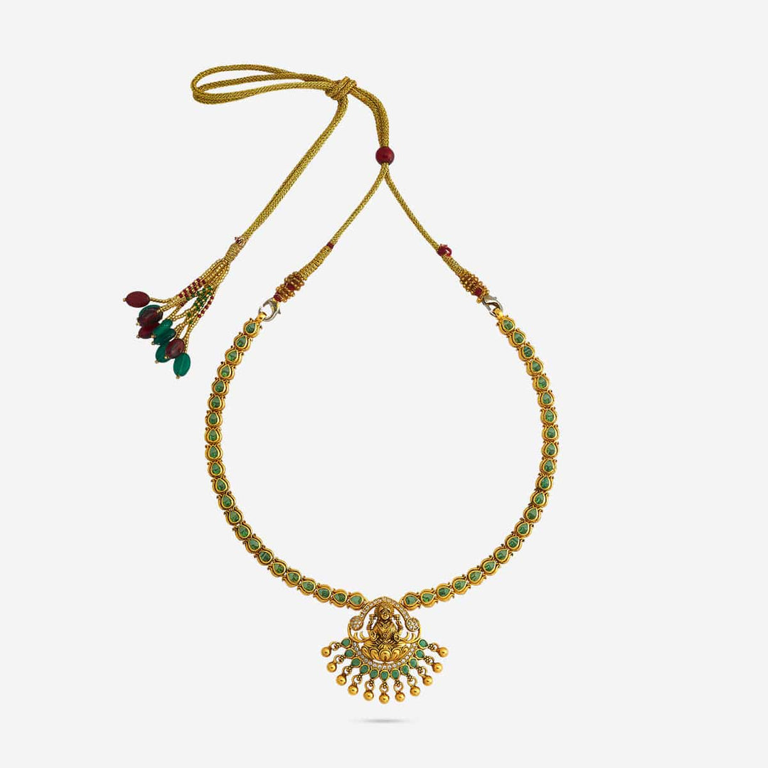 Pure 92.5 Silver, Gold Plated Emerald Green Stones Necklace with Lakshmi Pendant